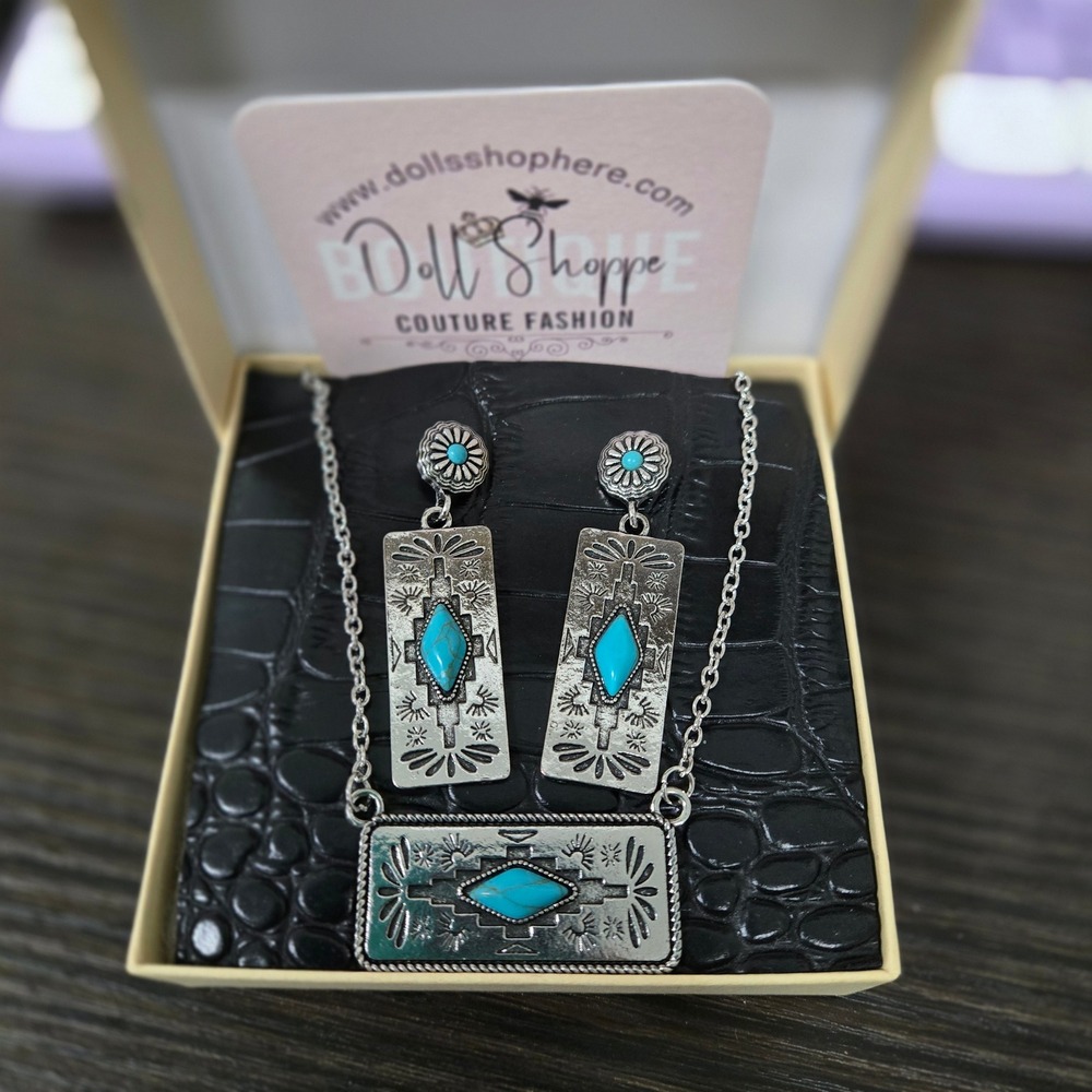 Turquoise Western Jewelry Set | Silver Tone Boho Necklace & Earrings Set - Picture 3 of 3